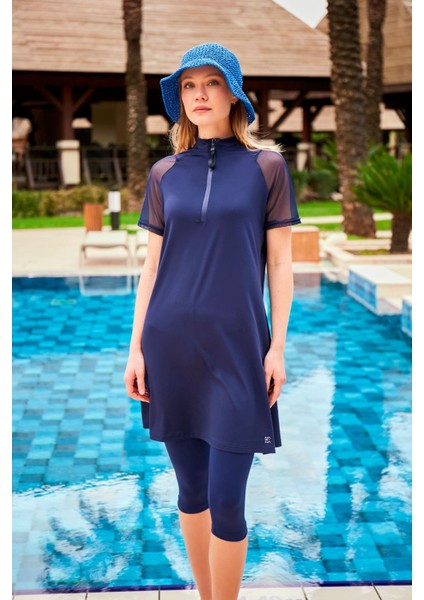 Likralı Lacivert Taytlı Yarı Kapalı Mayo M2449 modelleri