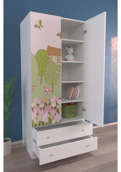 Çocuk Odası 2 Kapaklı Wonder Land Gardırop 5 Raflı 2 Çekmeceli Askılı Elbise Dolabı