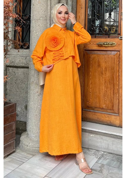 Orange Gömlek Kombinli Askılı Güllü Tesettür Elbise P-00010238
