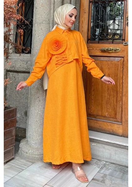 Orange Gömlek Kombinli Askılı Güllü Tesettür Elbise P-00010238 fiyatları