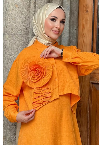 Orange Gömlek Kombinli Askılı Güllü Tesettür Elbise P-00010238 modelleri