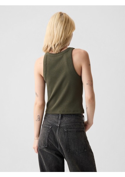 Kadın Haki Modern Fitilli Crop Halter Yaka Atlet