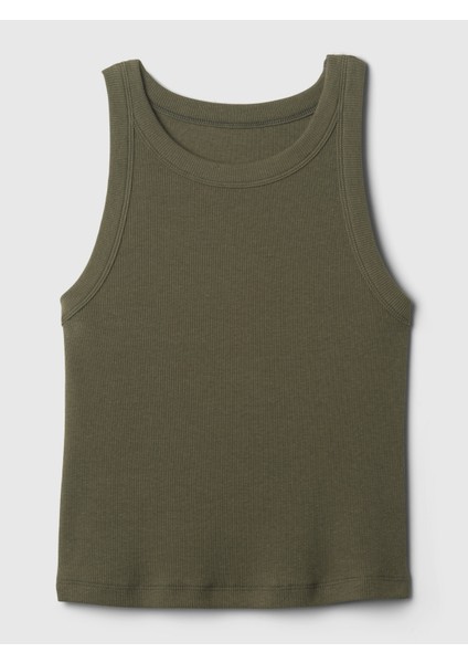 Kadın Haki Modern Fitilli Crop Halter Yaka Atlet