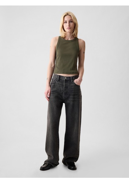 Kadın Haki Modern Fitilli Crop Halter Yaka Atlet