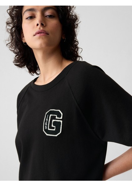 Kadın Siyah Gap Logo Oversized Kısa Kollu Sweatshirt