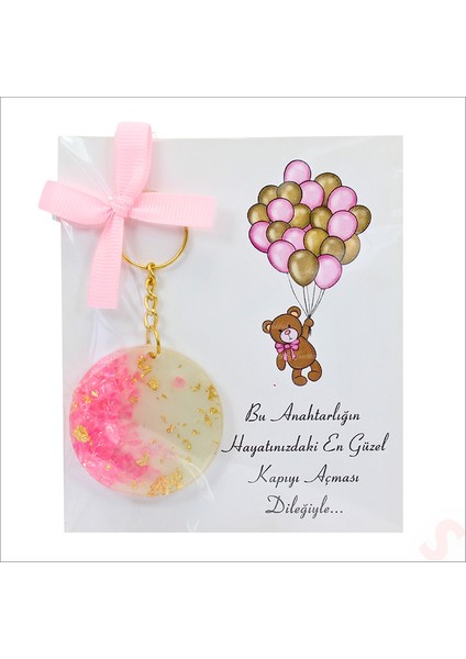 Kartlıklı Pembe Taşlı Epoksi Anahtarlık, Altın - 1 Adet