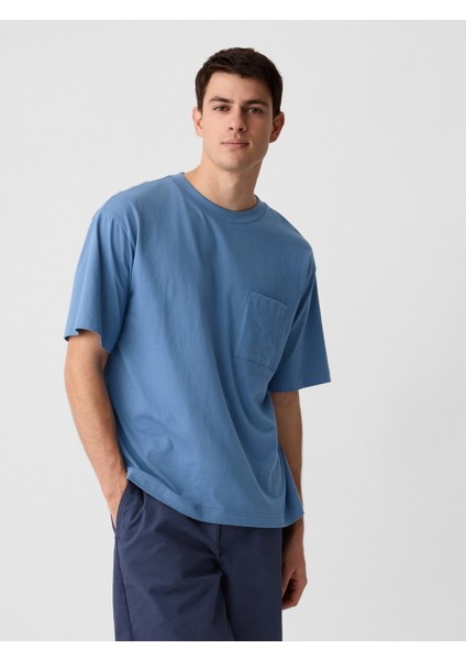 Erkek Mavi Cepli Everyday Soft Oversize T-Shirt