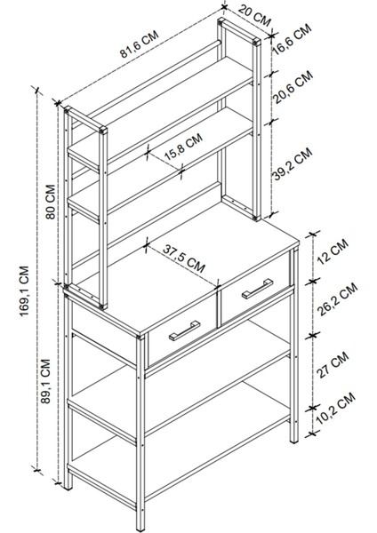 Mutfak Standı 2 Çekmeceli 5 Raflı Kahve Köşesi Mutfak Rafı Mutfak Bangosu Çam