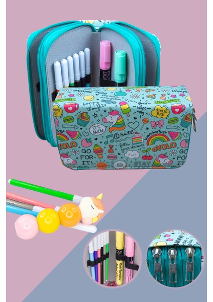 Kalem Kutusu Yolo Unicorn Kawaii Orginazer Vegan Deri Üç Bölmeli (Kalemlik Yeşil)