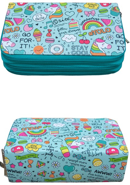 Kalem Kutusu Yolo Unicorn Kawaii Orginazer Vegan Deri Üç Bölmeli (Kalemlik Yeşil) modelleri