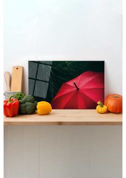 Kırmızı Şemsiye Cam Kesme Tahtası, Silikon Ayaklı, Sunum Kesim Doğrama Tablası, Temperli ve Rodajlı