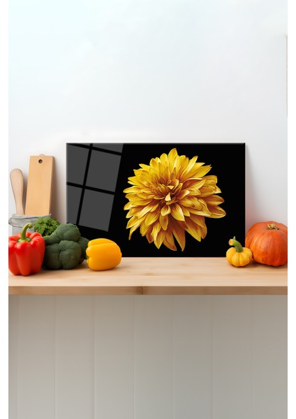 Sarı Çiçekli Siyah Cam Kesme Tahtası, Silikon Ayaklı, Sunum Kesim Doğrama Tablası, Temperli Rodajlı