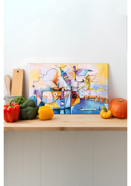 Sanatsal Resim Cam Kesme Tahtası, Silikon Ayaklı, Sunum Kesim Doğrama Tablası, Temperli ve Rodajlı