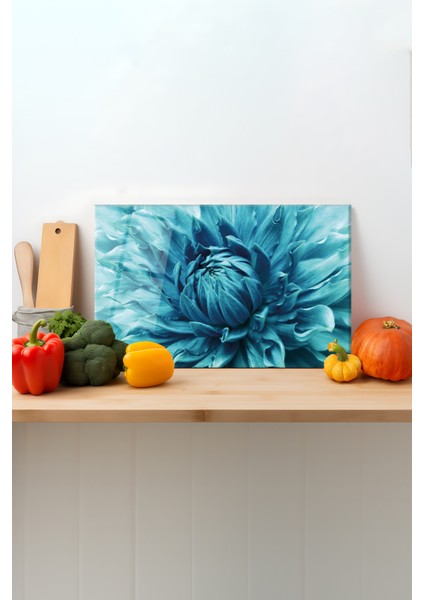 Mavi Çiçek Cam Kesme Tahtası, Silikon Ayaklı, Sunum Kesim Doğrama Tablası, Temperli ve Rodajlı