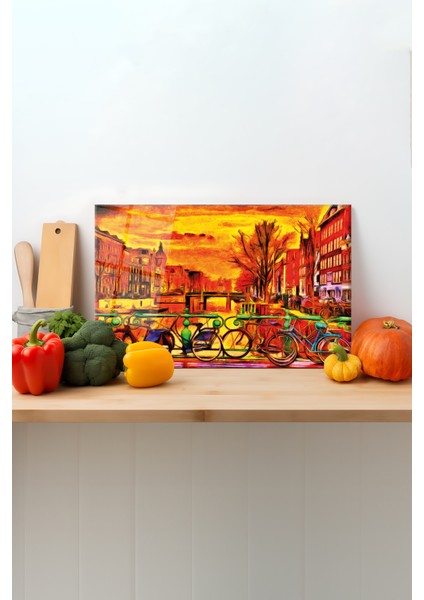 Sanatsal Şehir Cam Kesme Tahtası, Silikon Ayaklı, Sunum Kesim Doğrama Tablası, Temperli ve Rodajlı