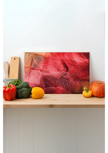 Kırmızı Yapraklar Cam Kesme Tahtası, Silikon Ayaklı Sunum Kesim Doğrama Tablası, Temperli ve Rodajlı