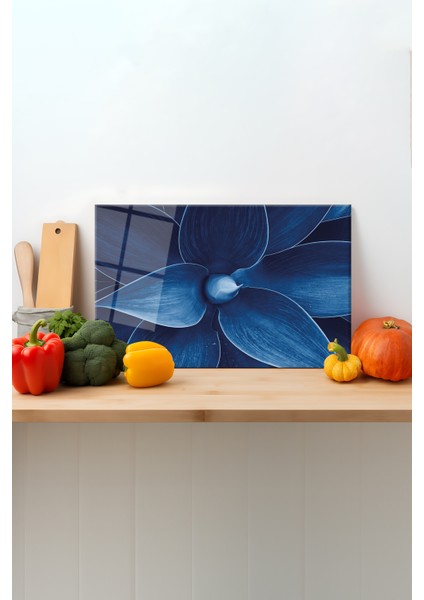 Mavi Yapraklar Cam Kesme Tahtası, Silikon Ayaklı, Sunum Kesim Doğrama Tablası, Temperli ve Rodajlı