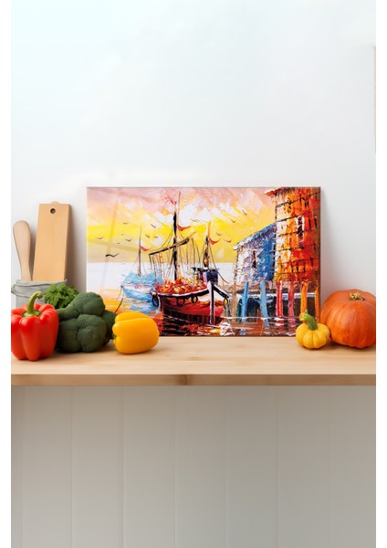 Sanatsal Iskele Cam Kesme Tahtası, Silikon Ayaklı, Sunum Kesim Doğrama Tablası, Temperli ve Rodajlı