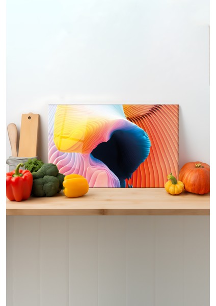 Renkli Geometrik Cam Kesme Tahtası, Silikon Ayaklı, Sunum Kesim Doğrama Tablası, Temperli ve Rodajlı