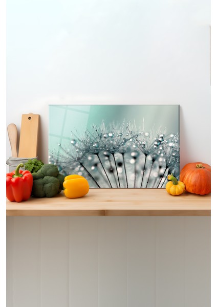 Damlalı Karahindiba Cam Kesme Tahtası, Silikon Ayaklı, Sunum Kesim Doğrama Tablası, Temperli Rodajlı