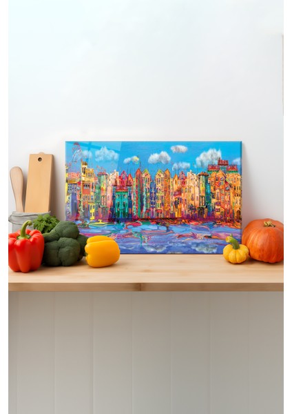 Sanatsal Evler Cam Kesme Tahtası, Silikon Ayaklı, Sunum Kesim Doğrama Tablası, Temperli ve Rodajlı