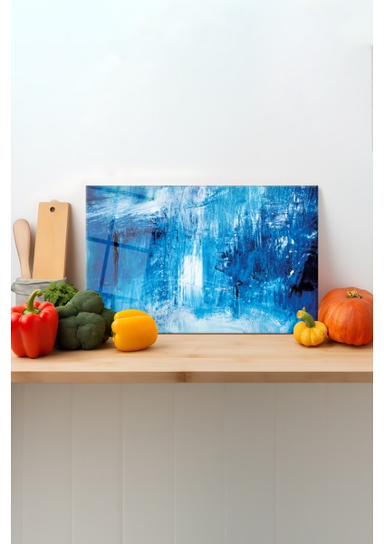 Soyut Mavi Boya Cam Kesme Tahtası, Silikon Ayaklı, Sunum Kesim Doğrama Tablası, Temperli ve Rodajlı