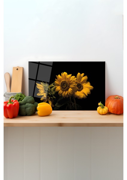 Ayçiçekleri Cam Kesme Tahtası, Silikon Ayaklı, Sunum Kesim Doğrama Tablası, Temperli ve Rodajlı