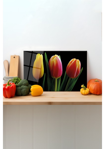 Renkli Laleler Cam Kesme Tahtası, Silikon Ayaklı, Sunum Kesim Doğrama Tablası, Temperli ve Rodajlı