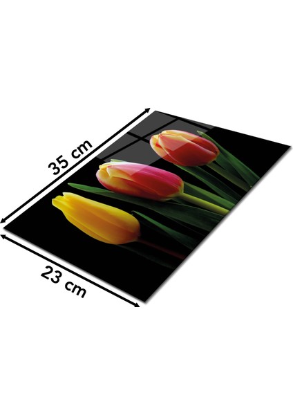 Renkli Laleler Cam Kesme Tahtası, Silikon Ayaklı, Sunum Kesim Doğrama Tablası, Temperli ve Rodajlı fiyatları