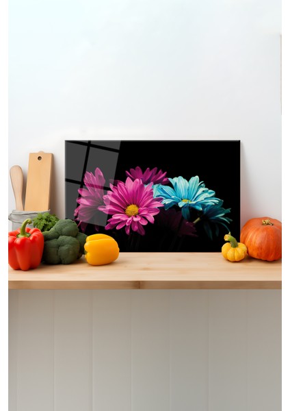 Renkli Çiçekler Cam Kesme Tahtası, Silikon Ayaklı, Sunum Kesim Doğrama Tablası, Temperli ve Rodajlı