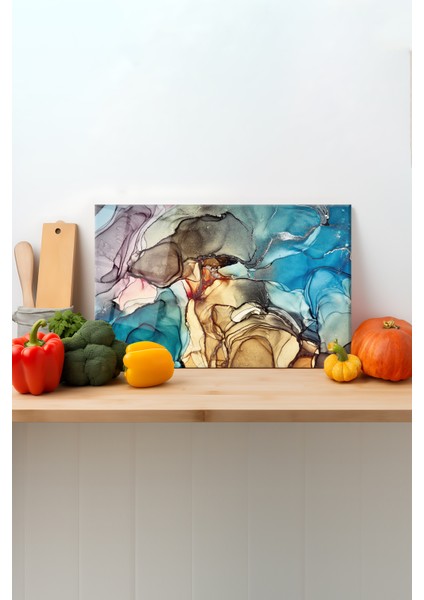 Renkli Mermer Cam Kesme Tahtası, Silikon Ayaklı, Sunum Kesim Doğrama Tablası, Temperli ve Rodajlı