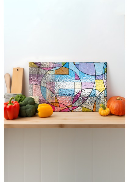 Renkli Geometrik Cam Kesme Tahtası, Silikon Ayaklı, Sunum Kesim Doğrama Tablası, Temperli ve Rodajlı