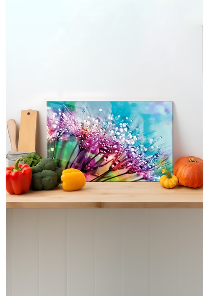 Renkli Karahindiba Cam Kesme Tahtası, Silikon Ayaklı, Sunum Kesim Doğrama Tablası, Temperli Rodajlı