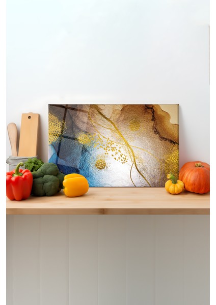 Gold Mavi Soyut Cam Kesme Tahtası, Silikon Ayaklı, Sunum Kesim Doğrama Tablası, Temperli ve Rodajlı