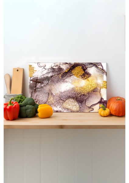 Gold Kahve Soyut Cam Kesme Tahtası, Silikon Ayaklı, Sunum Kesim Doğrama Tablası, Temperli ve Rodajlı