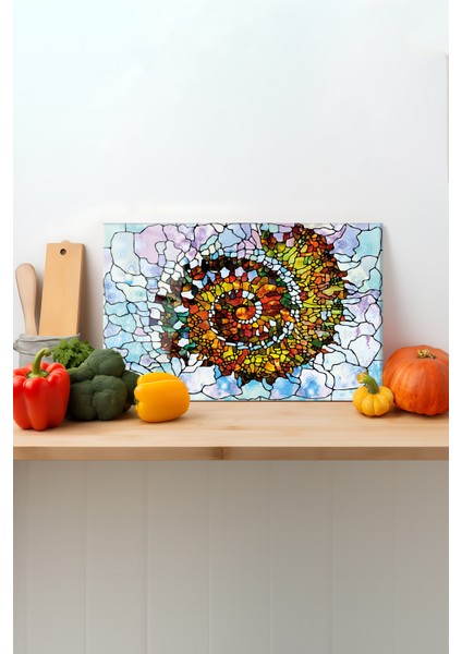 Renkli Fraktal Cam Kesme Tahtası, Silikon Ayaklı, Sunum Kesim Doğrama Tablası, Temperli ve Rodajlı