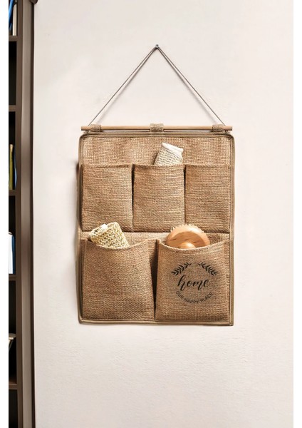 Jüt Kumaş 5 Cepli Çok Amaçlı Askılı Duvar Tipi Dolap Içi Banyo Mutfak Düzenleyici Organizer 35X45 cm