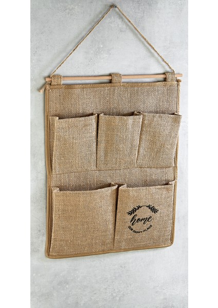 Jüt Kumaş 5 Cepli Çok Amaçlı Askılı Duvar Tipi Dolap Içi Banyo Mutfak Düzenleyici Organizer 35X45 cm