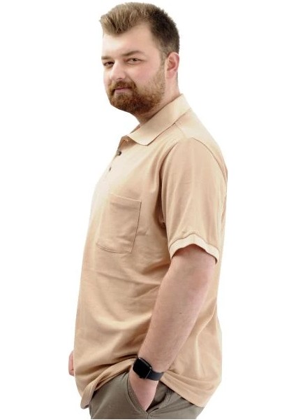 Büyük Beden Erkek T-Shirt Polo Yaka Cepli Klasik 20550 Bej