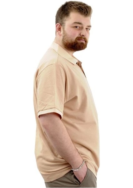 Büyük Beden Erkek T-Shirt Polo Yaka Cepli Klasik 20550 Bej