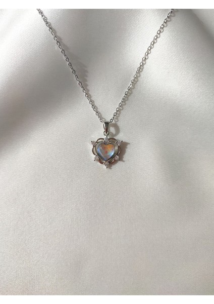 Kadın Paslanmaz Çelik Silver Opal Taşlı Kalp Kolye Hediyelik Şık