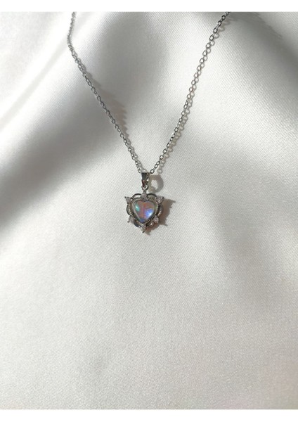 Kadın Paslanmaz Çelik Silver Opal Taşlı Kalp Kolye Hediyelik Şık fiyatları