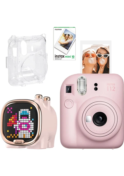 Mini 12 Pembe Fotoğraf Makinesi-10'lu Film-Şeffaf Kılıf ve Divoom Zooe LED Ekranlı Bluetooth Hoparlör Seti