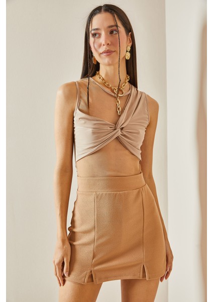 Bej Transparan Detaylı Crop Bluz 5YXK2-48609-25