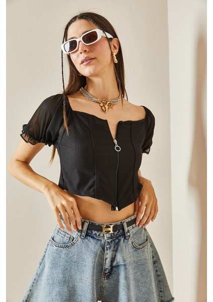 Siyah Balenli & Fermuarlı Balon Kol Bluz 5YXK2-48625-02 modelleri