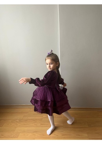 Kadife Çocuk Abiye Elbise Mürdüm