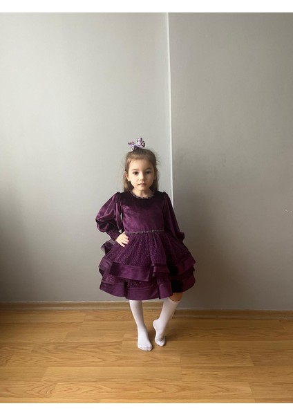 Kadife Çocuk Abiye Elbise Mürdüm fiyatları