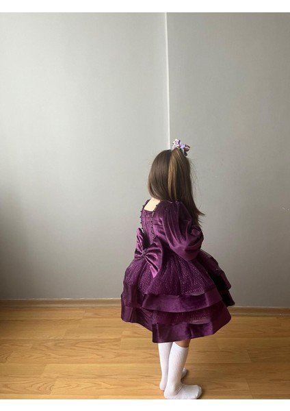 Kadife Çocuk Abiye Elbise Mürdüm modelleri