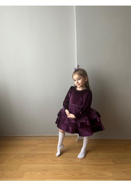 Kadife Çocuk Abiye Elbise Mürdüm fırsatları