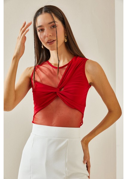 Kırmızı Transparan Detaylı Crop Bluz 5YXK2-48609-04